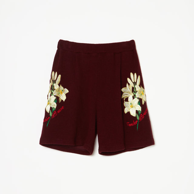 WHITE LILY EMBROIDERY SHORT PANTS / BORDEAUX