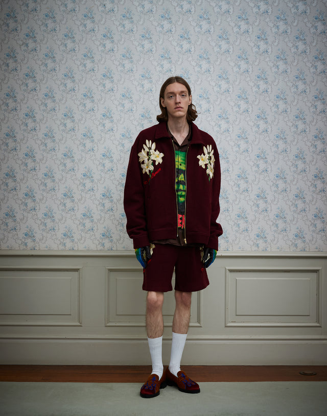WHITE LILY EMBROIDERY SHORT PANTS / BORDEAUX