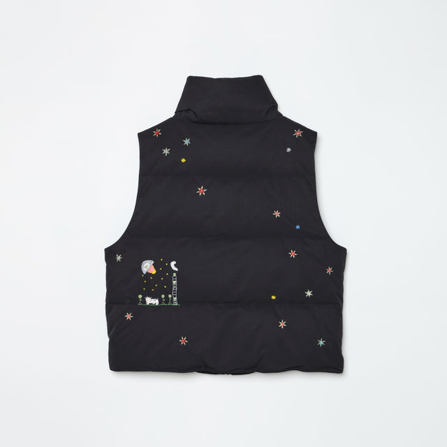 HAND GARDEN EMBROIDERY DOWN VEST -BLACK-